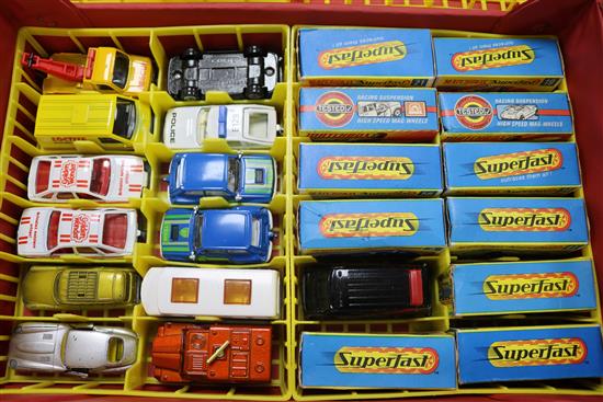 A collection of Matchbox Superfast cars, many boxed